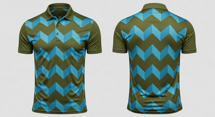 Olive polo shirt with zigzag pattern isolated on white background, front back