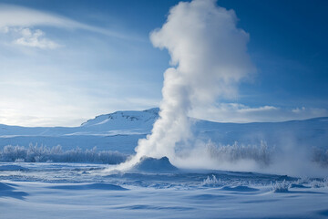A geyser erupting under the glow of the northern lights