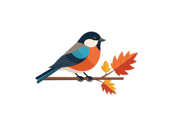 Colorful small bird with black, white, blue, and orange feathers perched on an autumn branch with red and orange leaves, in a flat illustration style.