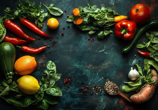 A vibrant arrangement of fresh vegetables and herbs on a dark blue surface, highlighting color and texture diversity