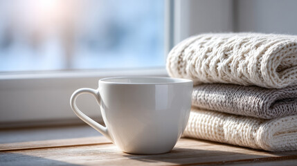 White ceramic cup on wooden windowsill with folded knit blanket  