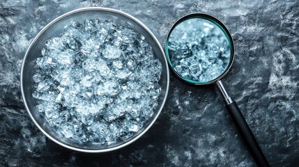 Magnifying glass examining crystal fragments in a metal bowl