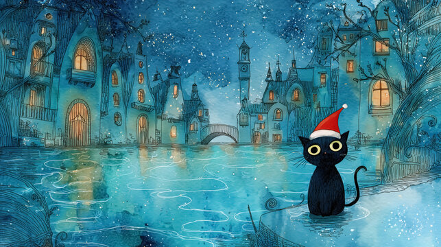 Cute black cat with yellow eyes wearing Santa Claus hat sitting by a frozen moonlit river in a small town. Christmas and New Year greeting card. 