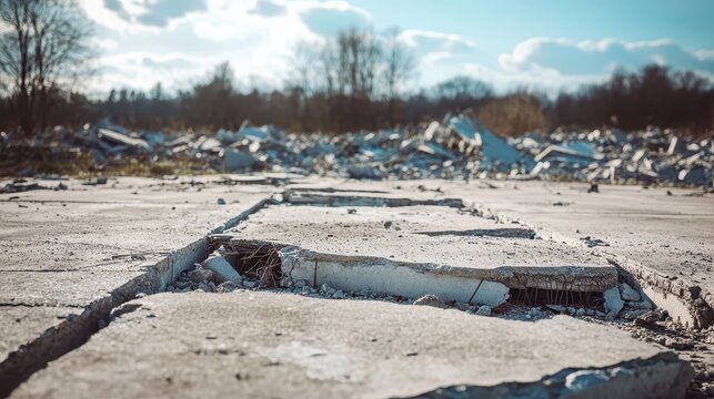 Damaged concrete slabs displaying signs of destruction outdoors