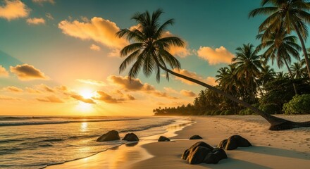 Beautiful tropical beach at sunset with palm trees and calm ocean waves reflecting the golden sky