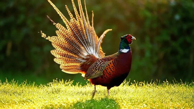 A pheasant walking on the grass in a field with a blurred background on a sunny day in the countryside