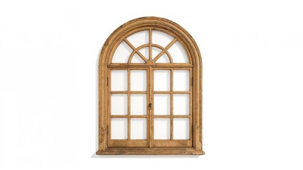 Obraz premium Old window with wooden frame and bars inside, arch-shaped vintage window isolated on white