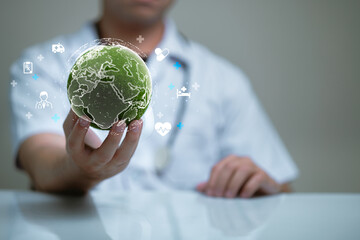 Doctor Holding a Green plant growing. Eco-friendly healthcare concept, environmental protection, sustainable resources, eco-friendly hospital, nature, global health and wellness.