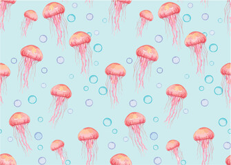 jellyfish light blue bubbles seamless pattern © Santiago