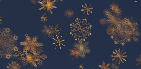 Elegant abstract golden snowflakes on a dark blue background perfect for winter holiday themes, christmas designs, and festive seasonal backgrou