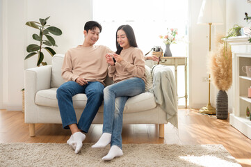 Obraz premium Couple Joyfully Sharing News in a Cozy Living Room, Celebrating a Special Moment Together