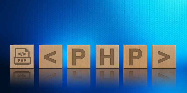 Wooden cubes with PHP word on abstract background technology concept and programming