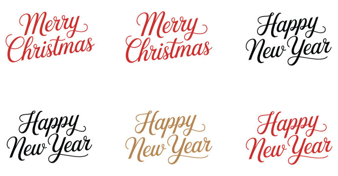 Set of six festive "Merry Christmas" and "Happy New Year" text designs in elegant red, gold, and black cursive styles for seasonal greetings