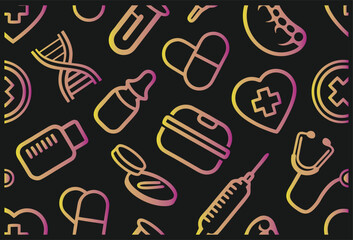 Dark Medical Pattern with Neon Healthcare Equipment Line Art Design