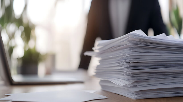 Close-up of a large pile of papers on a desk next to a laptop with a person in a suit blurred in the background showing a scene of a busy office or workplace environment.