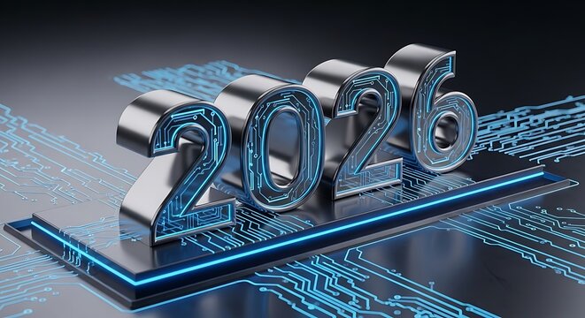 Get ready for a futuristic 2026 with this cutting-edge technology design featuring glowing circuit patterns, ideal for tech blogs, financial forecasts, and next-gen innovation concepts