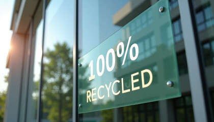 100% recycled label on glass facade of office building embodies green business practices. 100% recycled initiative aims to promote environmental responsibility and sustainable corporate ethos,