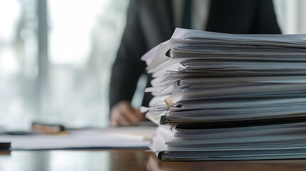 A meticulous professional navigates a mountain of documents, symbolizing dedication and attention to detail in a bright office setting. Paperwork and commitment.