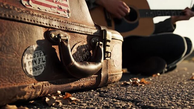 Nostalgic Close-up of Vintage Suitcase with Distressed American Flag Decal as Musician Plays Acoustic Guitar in Warm Sunset Light.