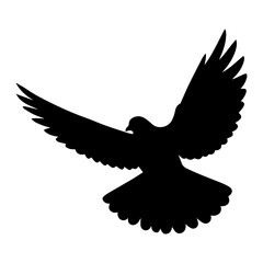 Flying dove bird silhouette vector, black peaceful pigeon in motion isolated on white background symbolizing freedom