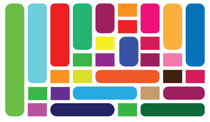 A vibrant collection of colorful rounded rectangles and squares arranged in a playful pattern isolated on white background