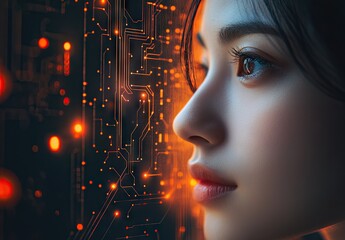 Profile of a face illuminated by glowing orange lights and digital circuit patterns, blending human and technology