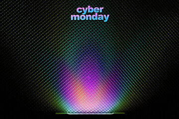 Multicolor neon glow on a diamond grid with 'cyber monday' headline. High-contrast sale background for offers.