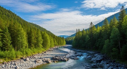 A clear, rocky river flows through a lush green forest valley with mountains in the background under a blue sky with clouds
