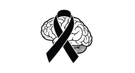 A black ribbon overlaid on a stylized brain illustration on a plain white background design element