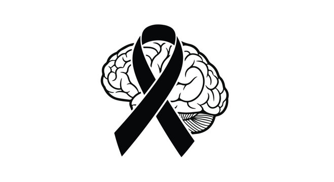 A black ribbon overlaid on a stylized brain illustration on a plain white background design element - Powered by Adobe