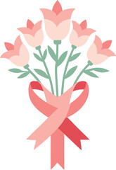 Elegant bouquet of five pink tulips tied with decorative ribbon symbol of appreciation