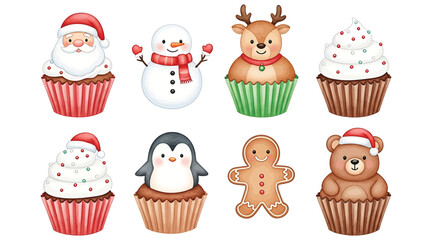 Delightful christmas cupcake collection, featuring santa claus, snowman, reindeer, penguin, gingerbread man, and bear designs, perfect for holiday treats