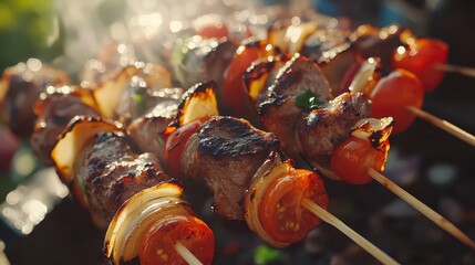 Grilled Turkish kebabs with lamb tomatoes and onions close up