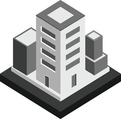 Isometric illustration of modern city buildings on a dark base, representing urban architecture and development