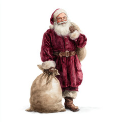Santa Claus with Sack: Full-Length Portrait on a White Background.