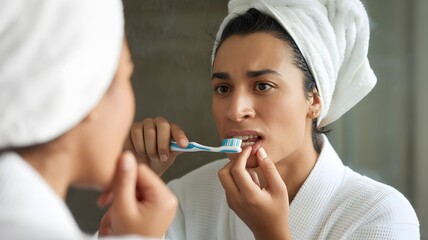 Young woman looking at her red bleeding gums