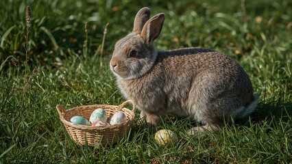 Gray rabbit in green grass near a wicker basket with colorful Easter eggs scattered around, symbolizing Easter and spring. High quality photo