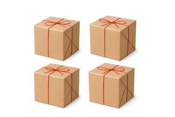 Fototapeta premium Four brown paper gift boxes with red strings, ideal for delivery, shipping, and holiday presents, transparent background
