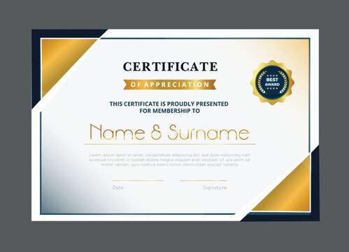 Elegant certificate of appreciation design with golden details and blue borders