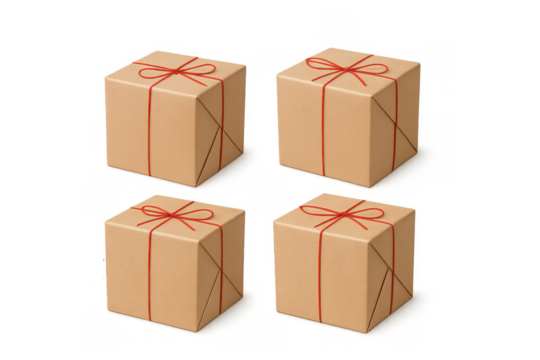 Four brown paper gift boxes with red strings, ideal for delivery, shipping, and holiday presents, transparent background