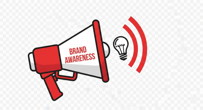 Red megaphone promoting brand awareness with light bulb