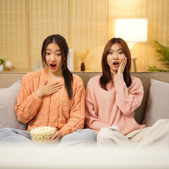 Young woman lesbian couple in sweater sitting on comfortable sofa watching scary horror cinema with