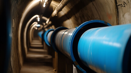 Fototapeta premium A long, blue pipe stretches through a dimly lit, arched tunnel. The tunnel walls are concrete, and there are lights overhead, casting shadows along the tunnel's length. Deep within, underground