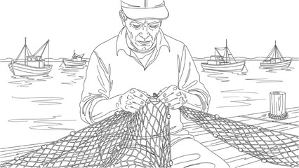 Fisherman Line Art — Worker Sitting on Dock Repairing Fishing Nets with Boats and Calm Water Outlined, Minimal Continuous Vector Illustration