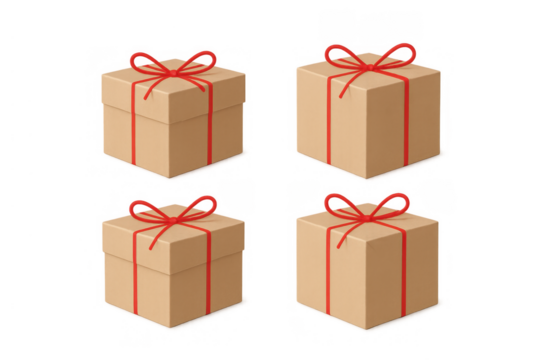 Gift boxes with red bows, presenting a set of brown cardboard packages for holidays and special occasions