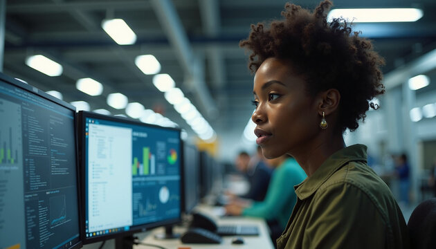 Focused IT professional analyses data on dual monitors in modern office. IT professional evaluates complex information, looking thoughtfully at graphics and code on screens, - Powered by Adobe