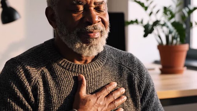 A contemplative Black man with eyes closed, hand on chest, lit by sunlight