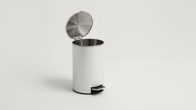 White metal trash can with pedal and open lid