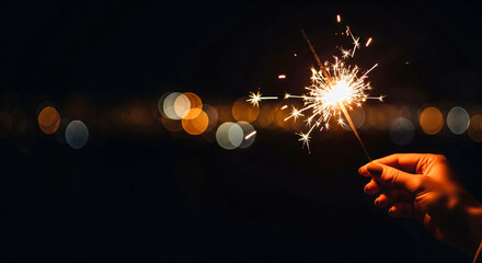 Hand holding sparkler with glowing sparks and dark bokeh with left copy space celebration