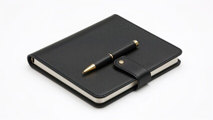 Quality black leather notebook with golden pen attached isolated on white background